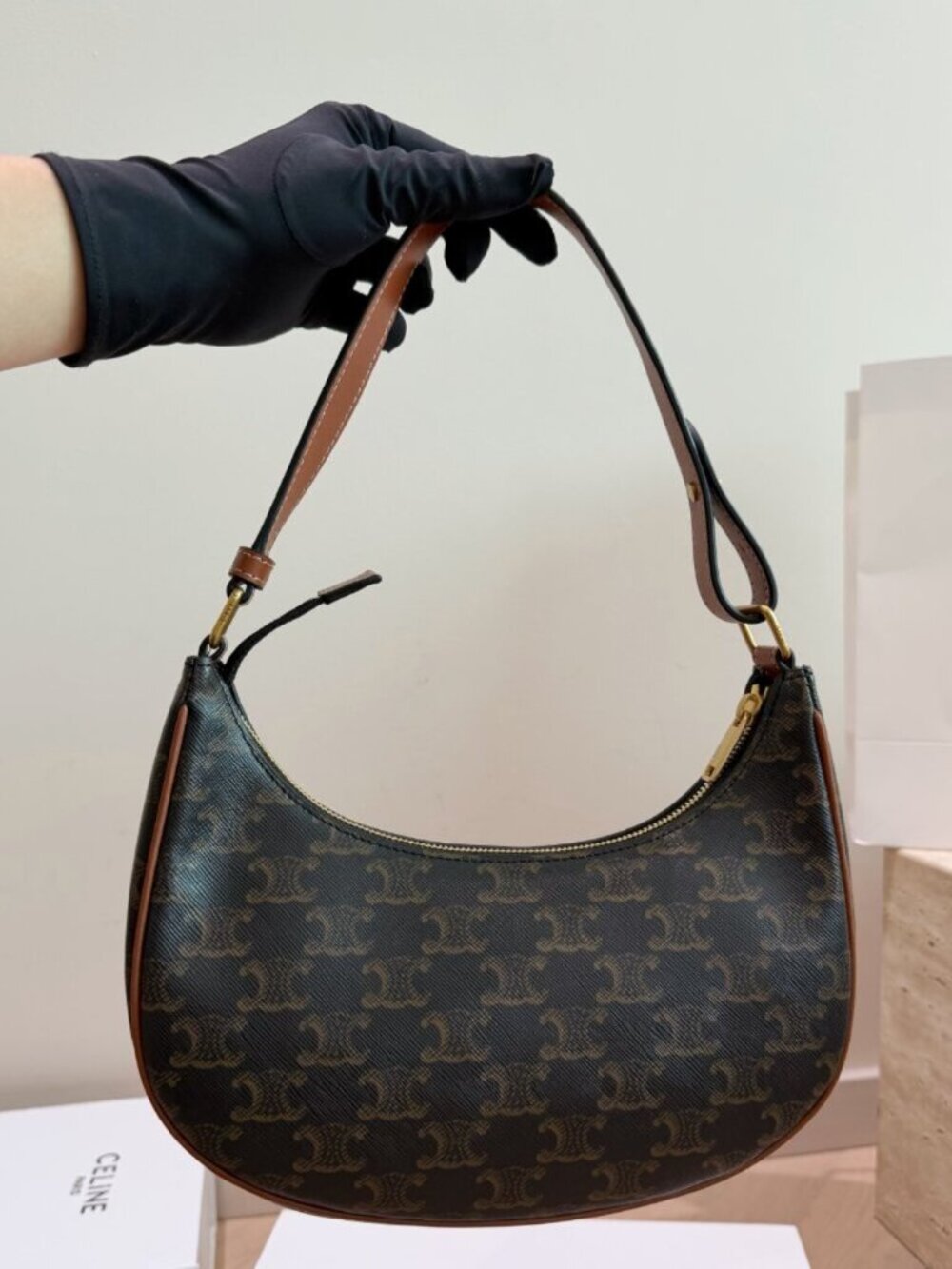 Celine Classic Triomphe Print Crescent Underarm Bag Adjustable Leather Strap